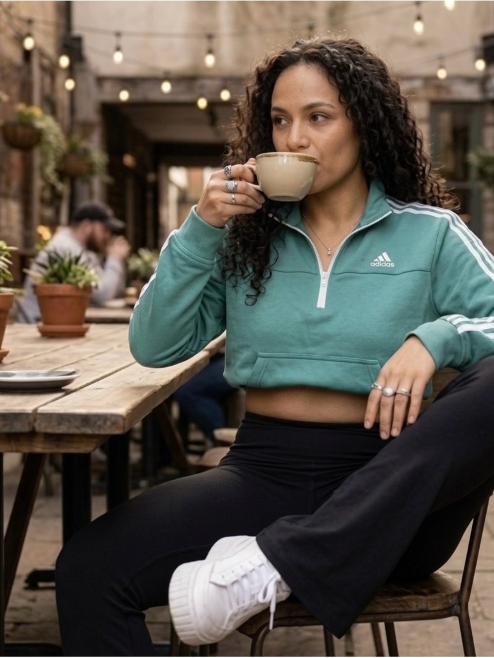Adidas Teal 3 Stripe Cropped Quarter Zip Sweatshirt XS Athleisure